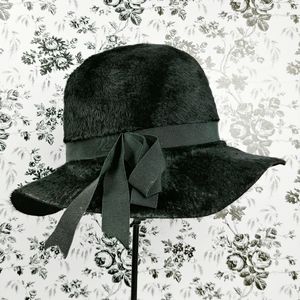 Vintage Black Fur Hat with Ribbon